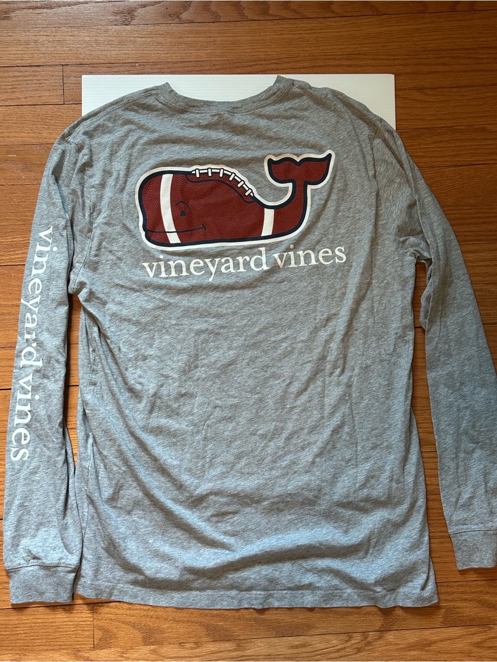 Vineyard Vines Gray Tee with Red Football Whale Graphic